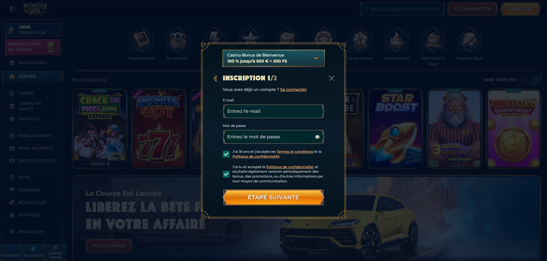 monsterwin-register Registrazione account Monsterwin Casino Italy — modulo iscrizione