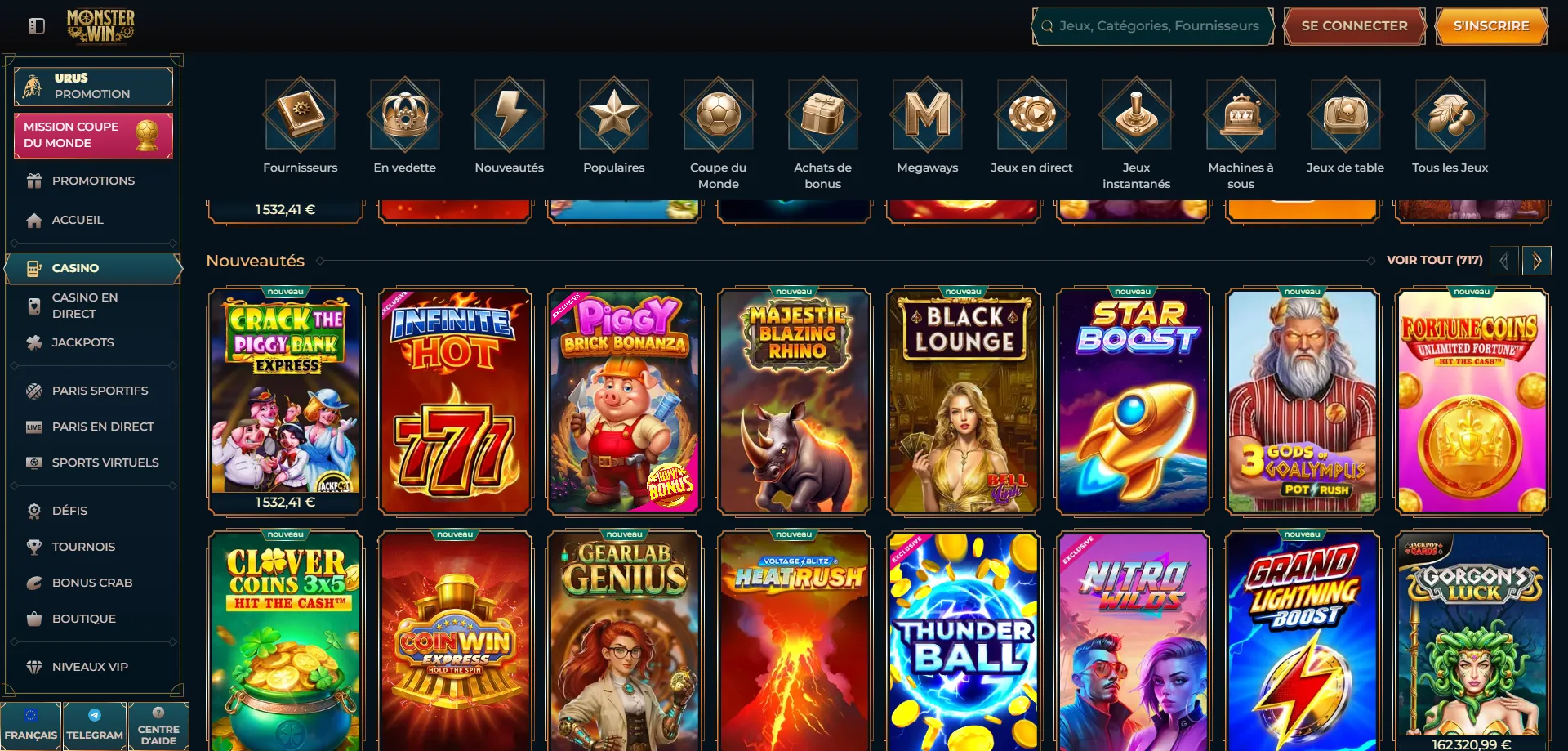 Collezione di slot e giochi da casinò Monsterwin Italy — oltre 3000 titoli