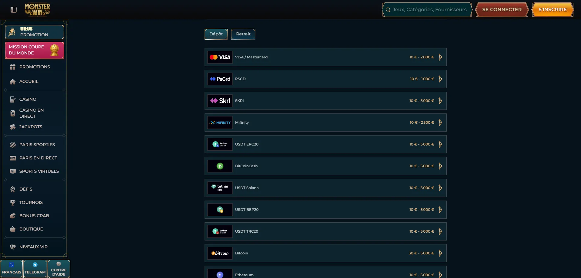 Metodi di pagamento Monsterwin Italy — depositi e prelievi rapidi